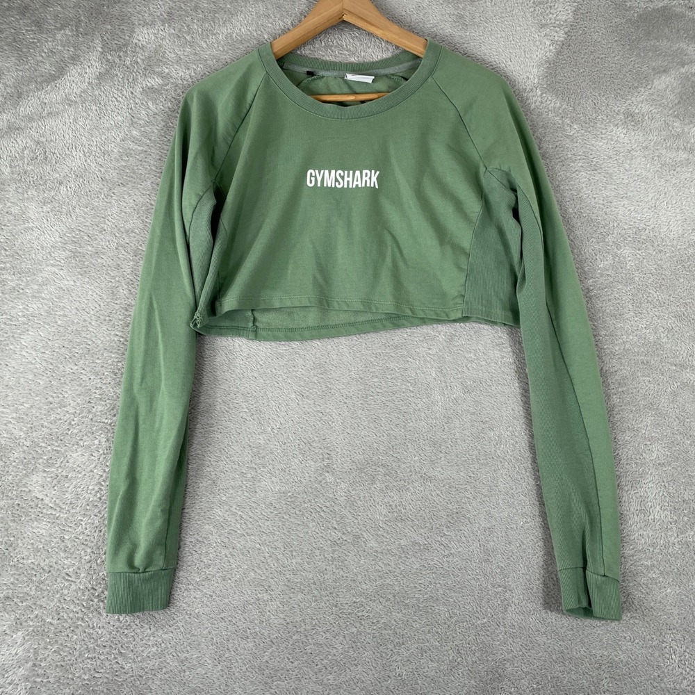 Gymshark Sweatshirt Womens Medium Green Cropped Raglan Ribbed Athleisure Active